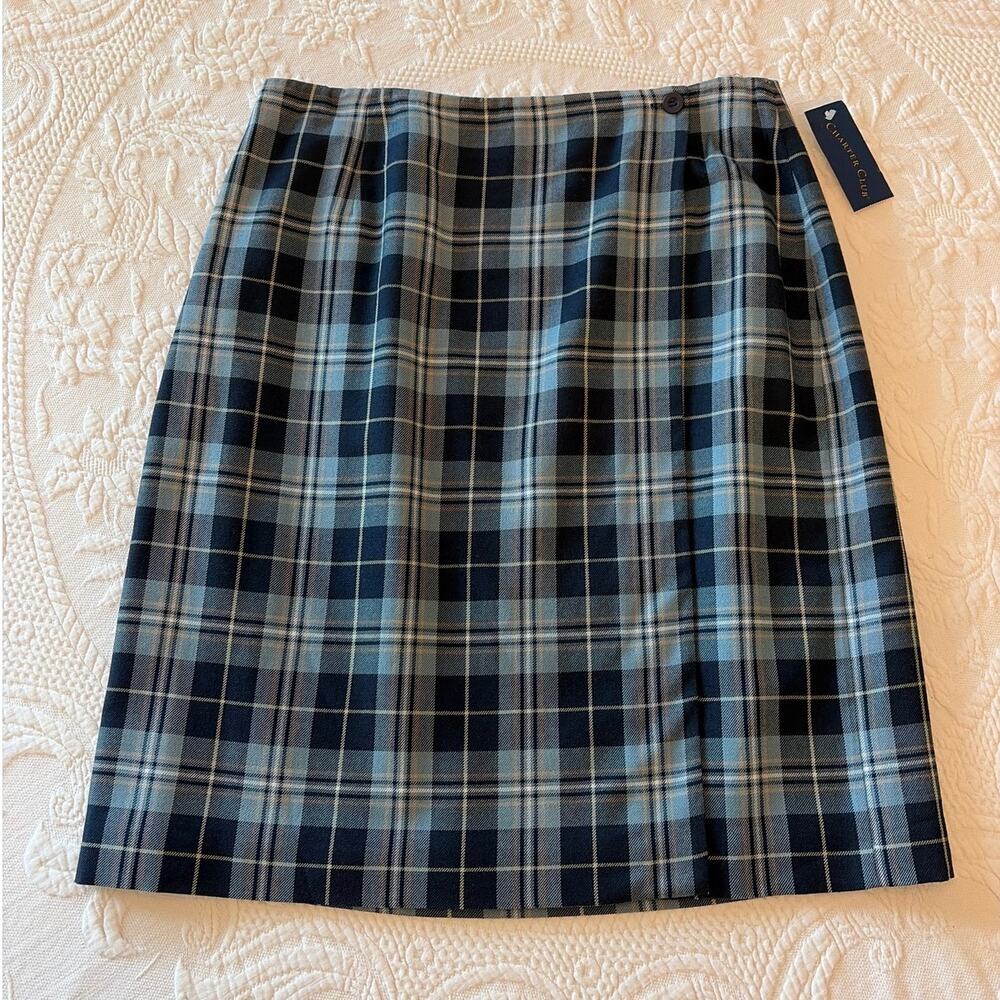 Charter Club Plaid A-Line Wrap Skirt Womens 12 NWT Blue Wool Blend Lined Preppy
